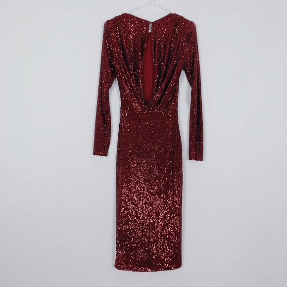 Bebe Red Sequin Long Sleeve Cowl Back Midi Dress - Picture 4 of 8